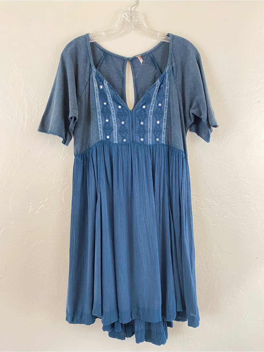 Free People Size Small Navy Blue Cotton Jersey Knit Embellished Flowy Midi Dress - Picture 2 of 7